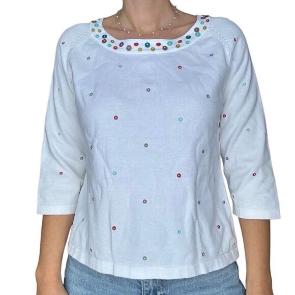 New Christopher & Banks Colorful Buttons Sweater Size Large Cotton White Crew - Picture 1 of 8